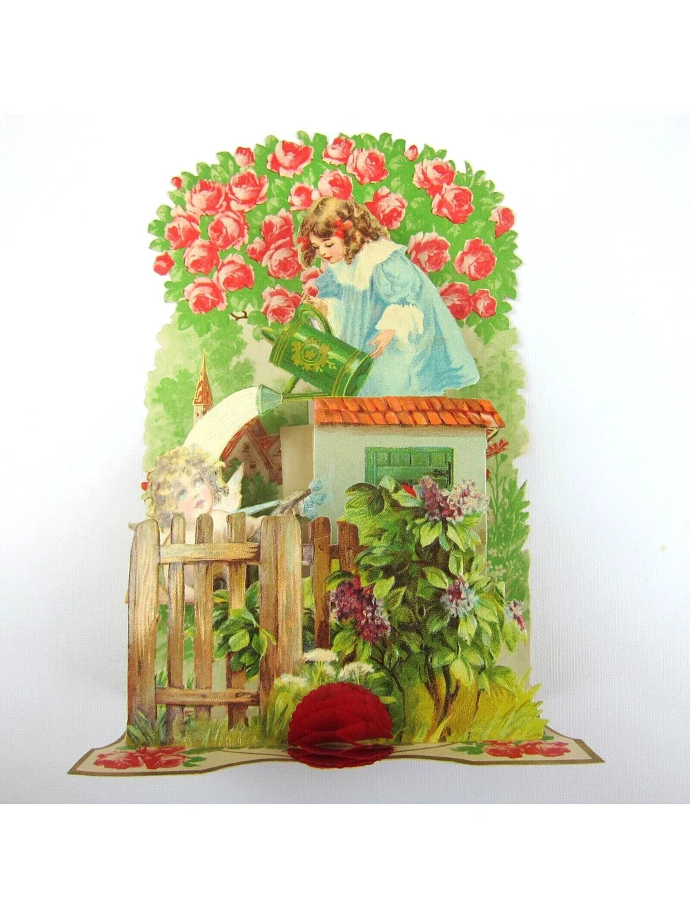 Antique Valentine Honeycomb 3D Pop Up Girl Blue Dress Cupid Roses LARGE UNSIGNED